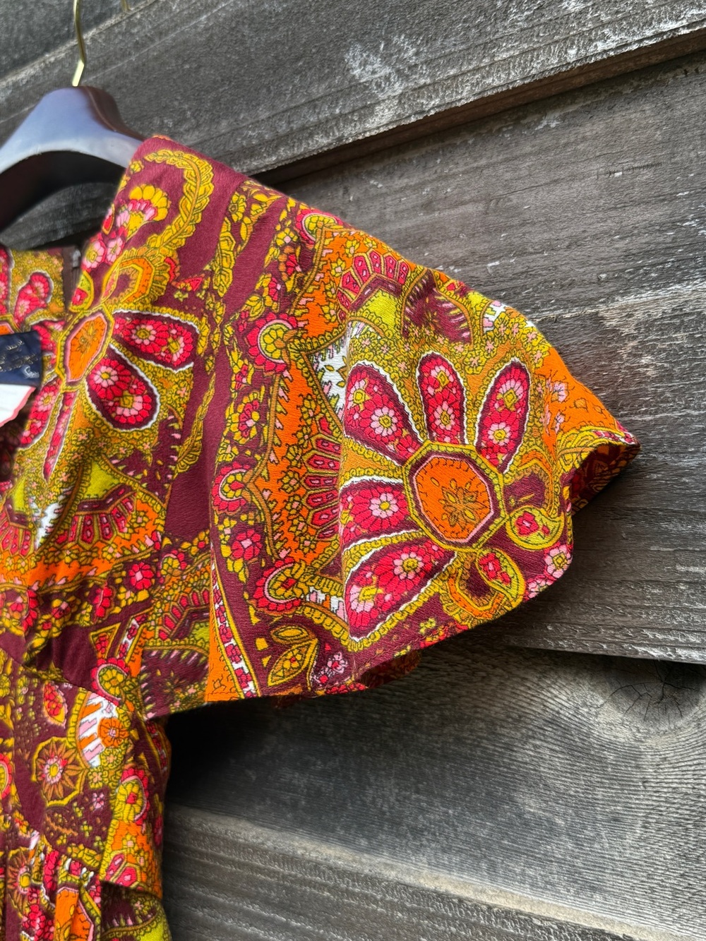 Vintage 70s Paisley Orange Batwing Sleeve Empire Waist Maxi Dress S/M - Picture 5 of 7